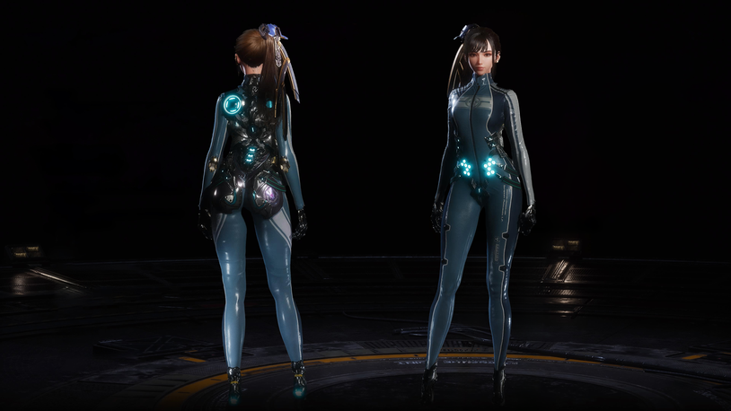 The New Game Plus version of the Planet Diving Suit in black, blue, and grey.