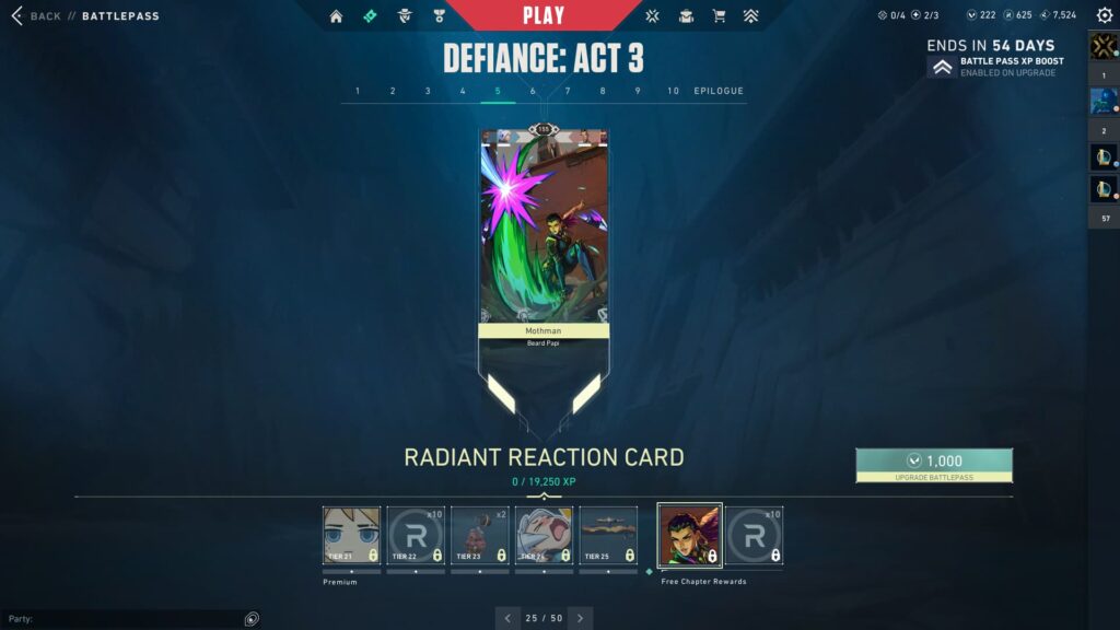 The Radiant Reaction Card in the VALORANT Episode 8 Act 3 Battle Pass.