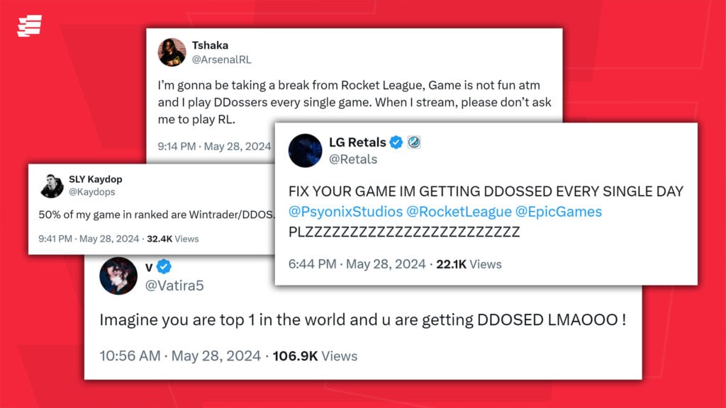Screenshots of pros Tweeting about the rampant DDoSers in Rocket League.