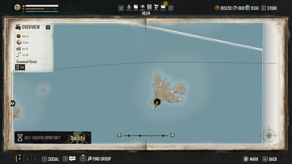 The Helm Overview in Skull and Bones, with a countdown of 11 days until Season 2 and a seasonal reset.