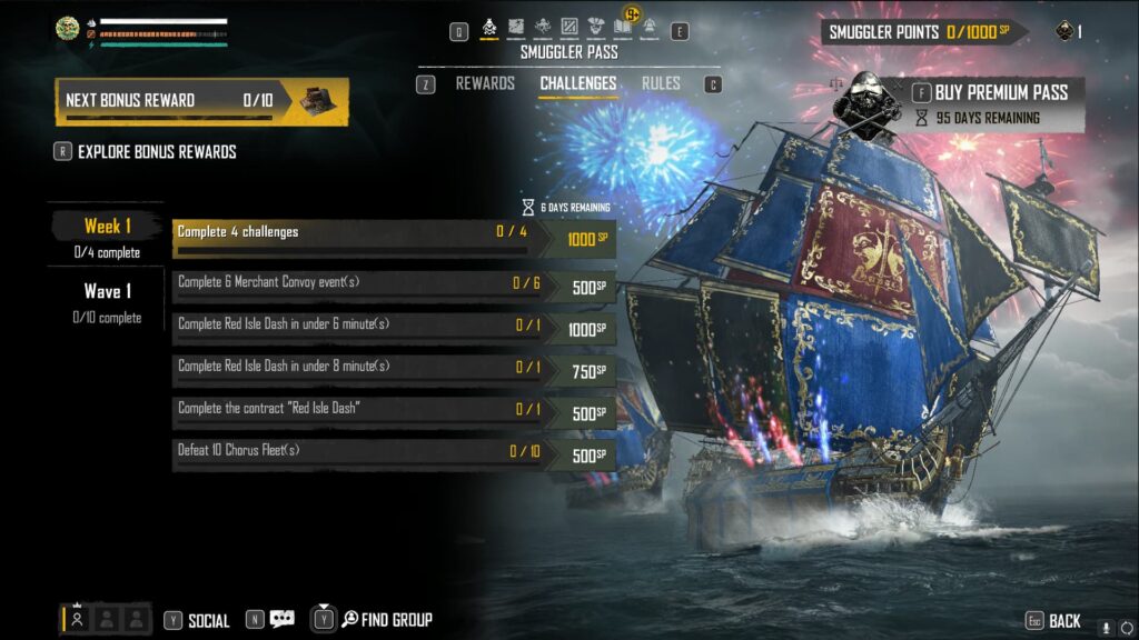 A look at challenges in the Skull and Bones Season 2 Smuggler Pass, with a time remaining of 95 days.