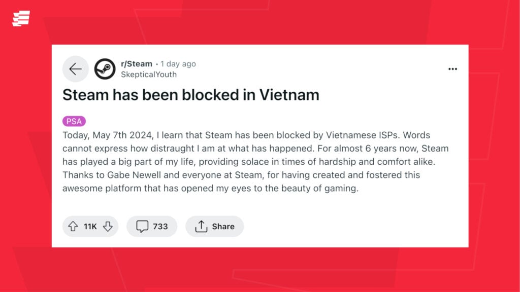 Screenshot of a r/Steam Reddit post about Steam being banned in Vietnam.