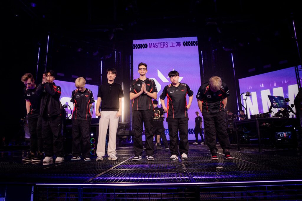 T1, who plays Leviatan, are seen on stage after being defeated at the VALORANT Masters Shanghai Swiss Stage Day 1 at the VCT CN Studio on May 23, 2024 in Shanghai, China. 