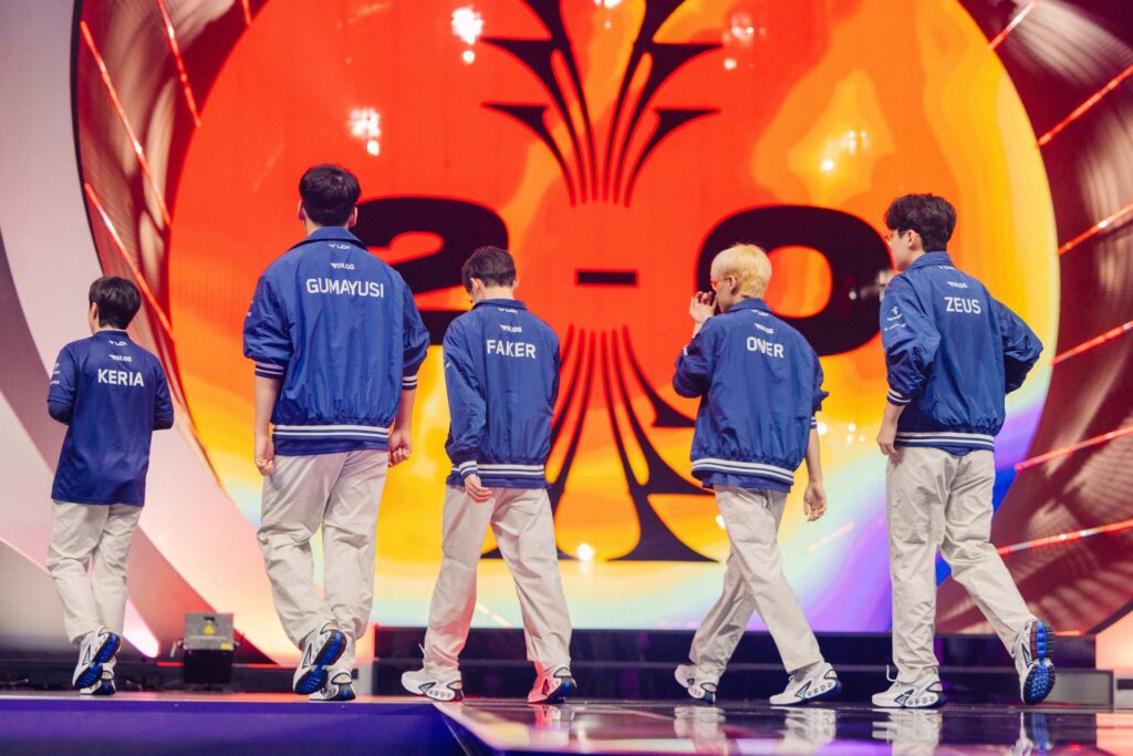 T1 walk off stage after victory against FlyQuest during MSI Play-Ins at the Chengdu Financial City Performing Arts Center in Chengdu, China on May 03, 2024. (Photo by Colin Young-Wolff/Riot Games)