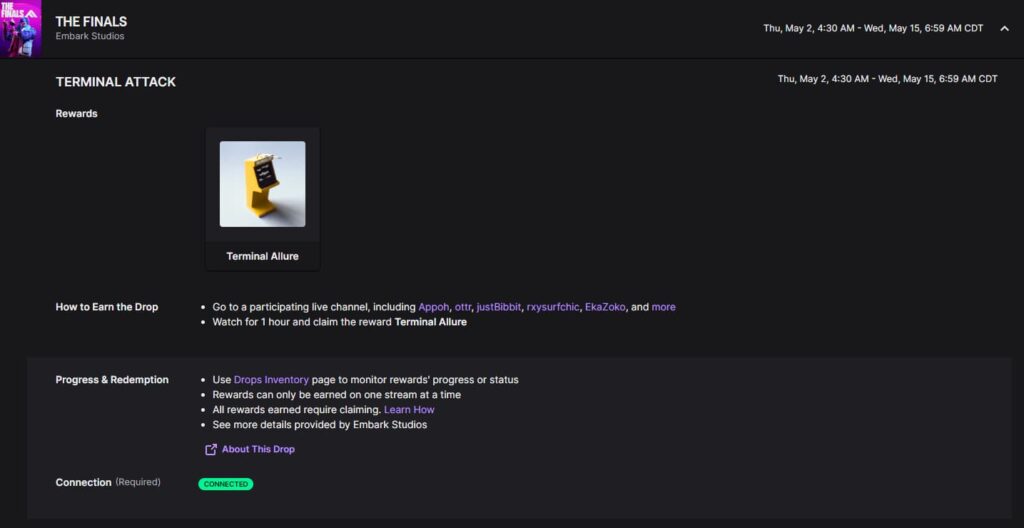 The Terminal Attack Twitch Drops event for The Finals.