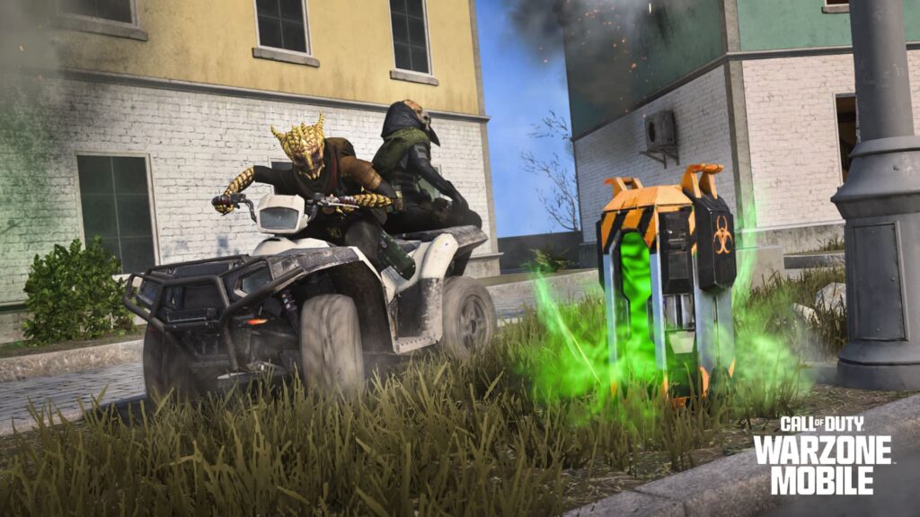 Two players on an ATV drive past a chemical barrel in Warzone Mobile.