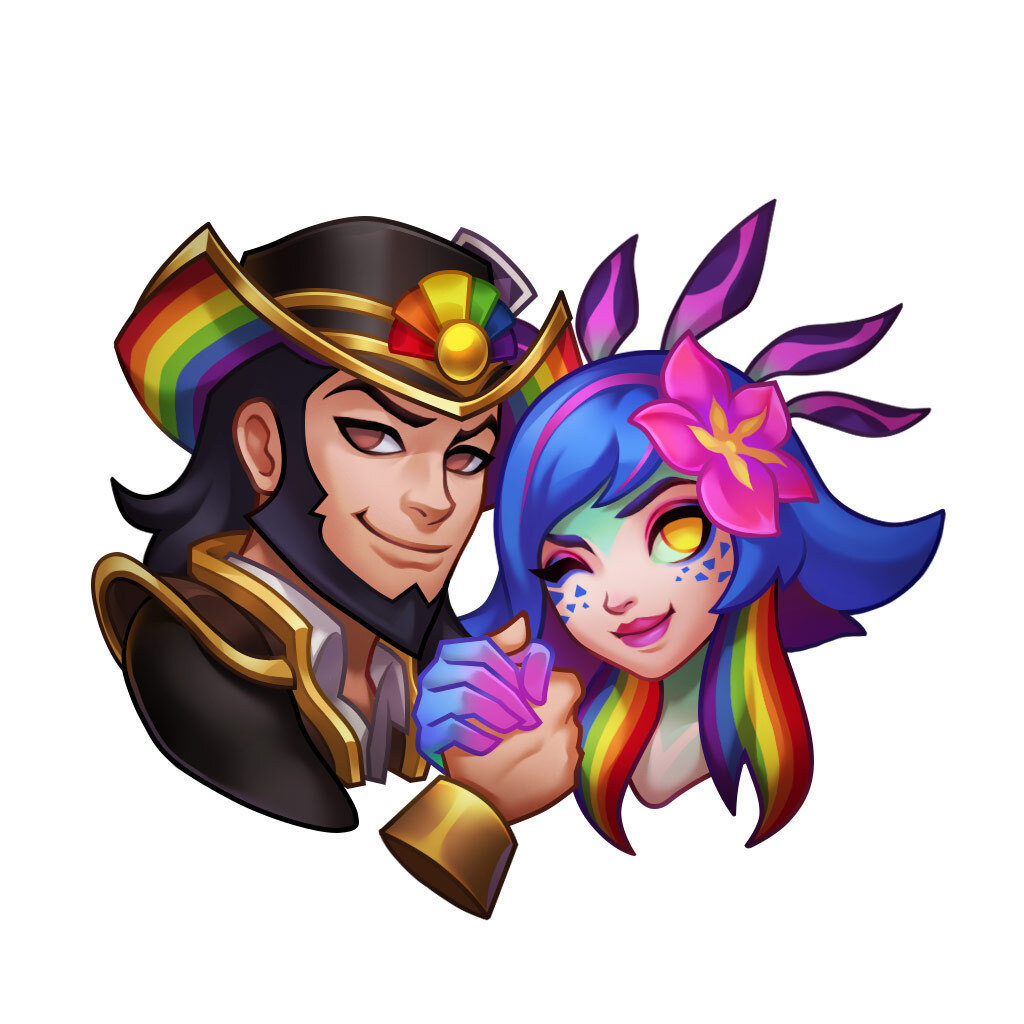 The new Pride emote "United" featuring Twisted Fate and Neeko in League of Legends (image via Riot Games)