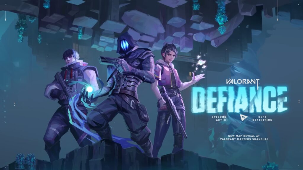 Iso, Omen, and Clove stand on a cliff for VALORANT Episode 8 Defiance.