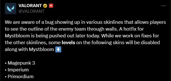 VALORANT announces they're disabling skins temporarily.