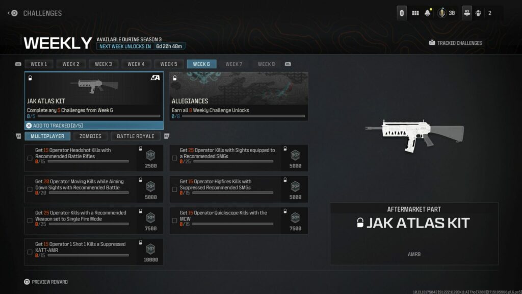 The MW3 Week 6 challenges that can unlock the JAK Atlas Kit.