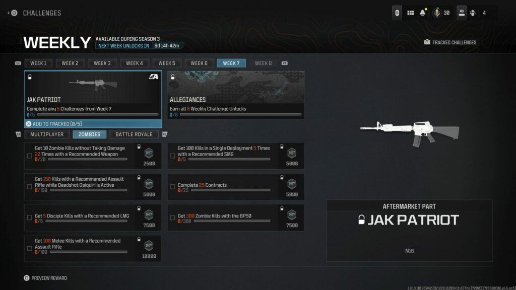 The Week 7 Challenges in MW3 Zombies that can unlock the JAK Patriot.