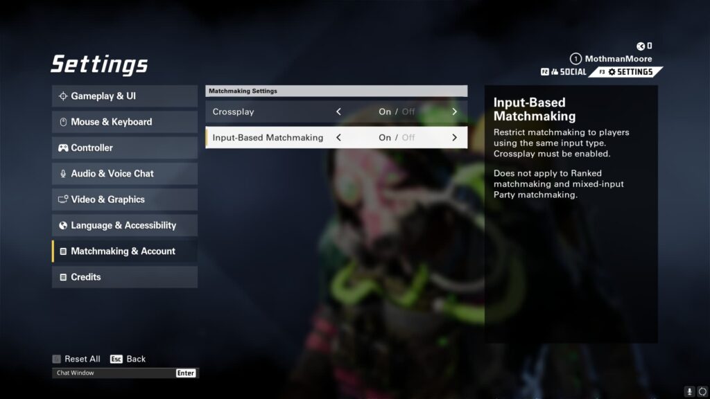 The Input-Based Matchmaking setting option toggled on in XDefiant.