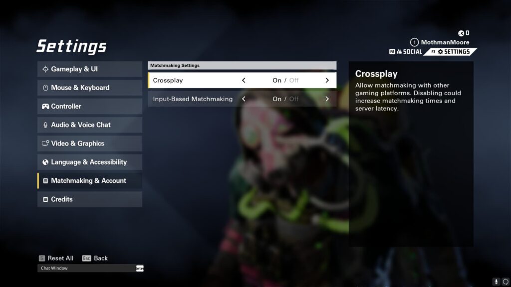 The Crossplay setting option toggled on in XDefiant.