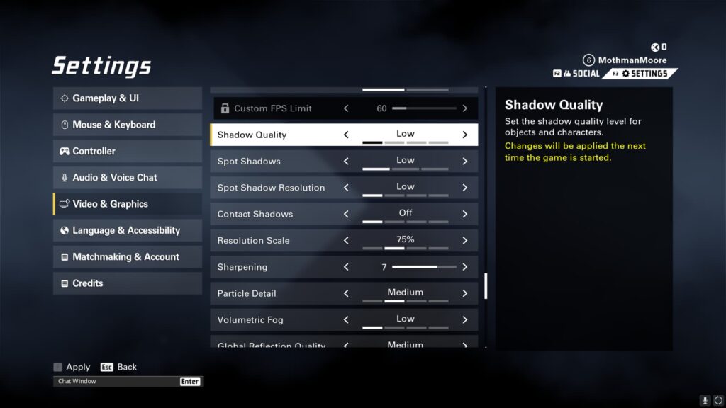 The Graphics settings menu in XDefiant, that can help fix stuttering.