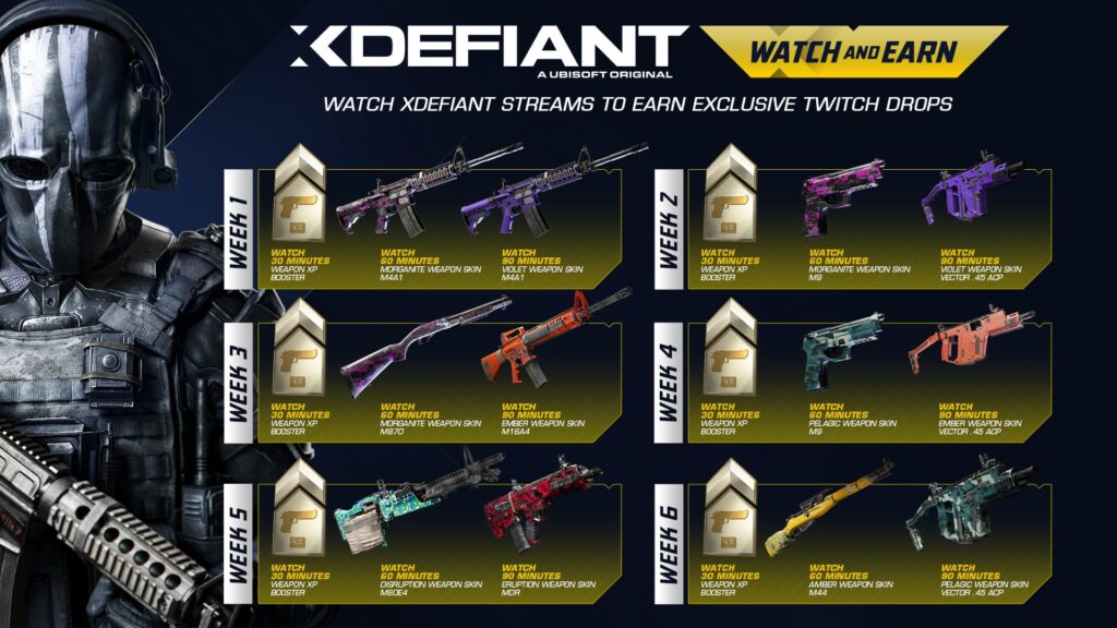 A look at the XDefiant Preseason Twitch Drop rewards for each week.
