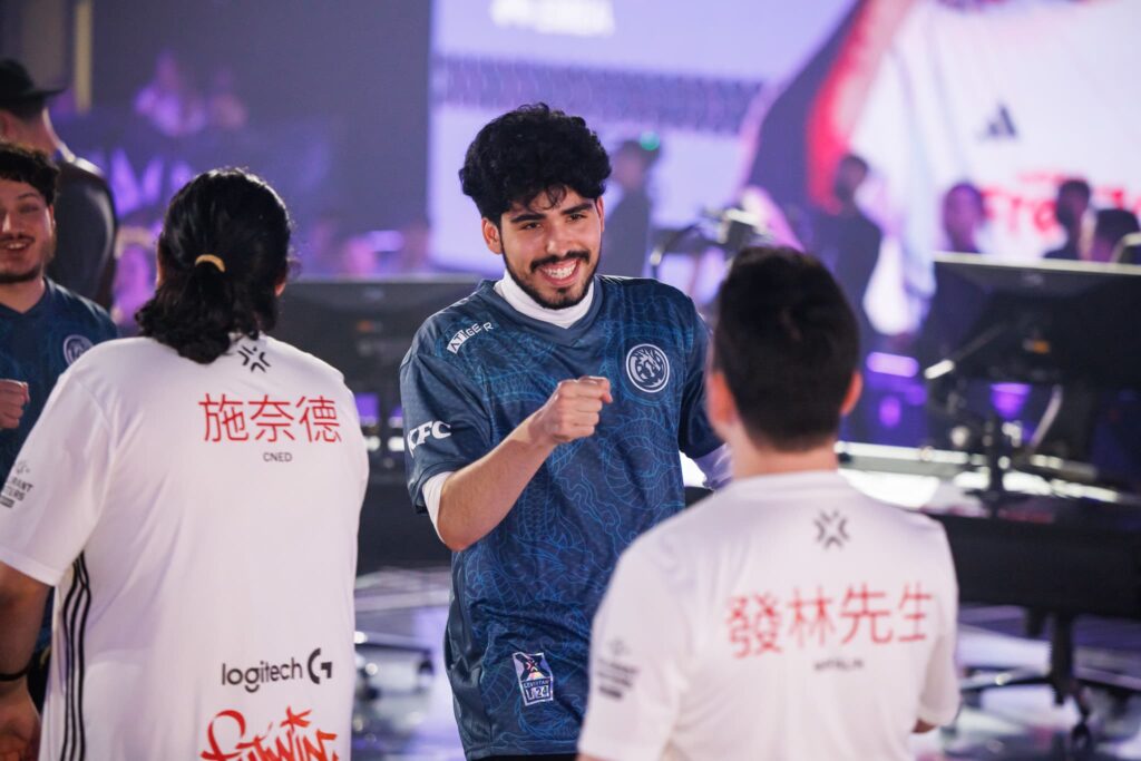 Leviatán, aspas, fist bump FUT Esports during the VALORANT Masters Shanghai Swiss Stage Day 5 at the VCT CN Studio on May 27, 2024 in Shanghai, China.