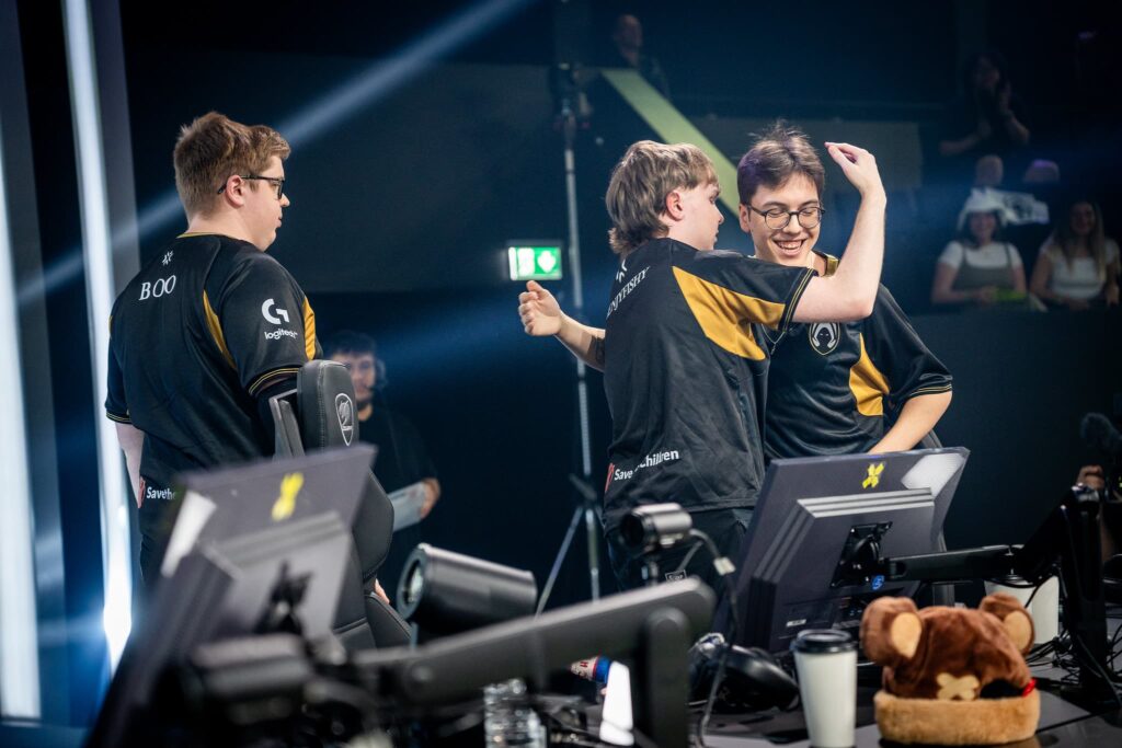 benjyfishy celebrates with Team Heretics during the 2024 VCT EMEA 2024 Stage 1 Week 5 Day 1 at the Riot Games Arena on May 1, 2024 in Berlin, Germany