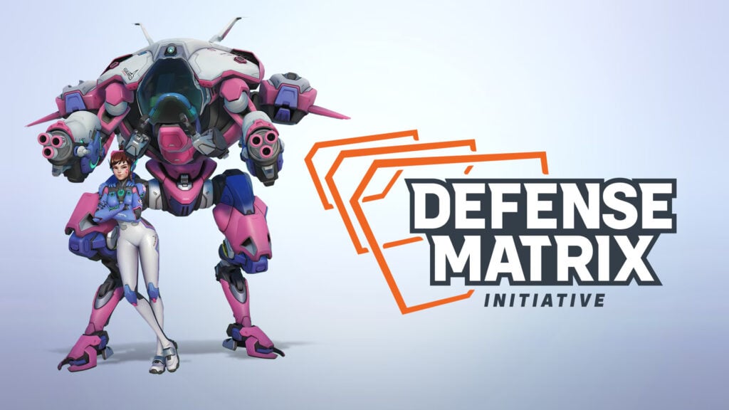Graphic featuring D.Va for the Overwatch 2 Defense Matrix initiative