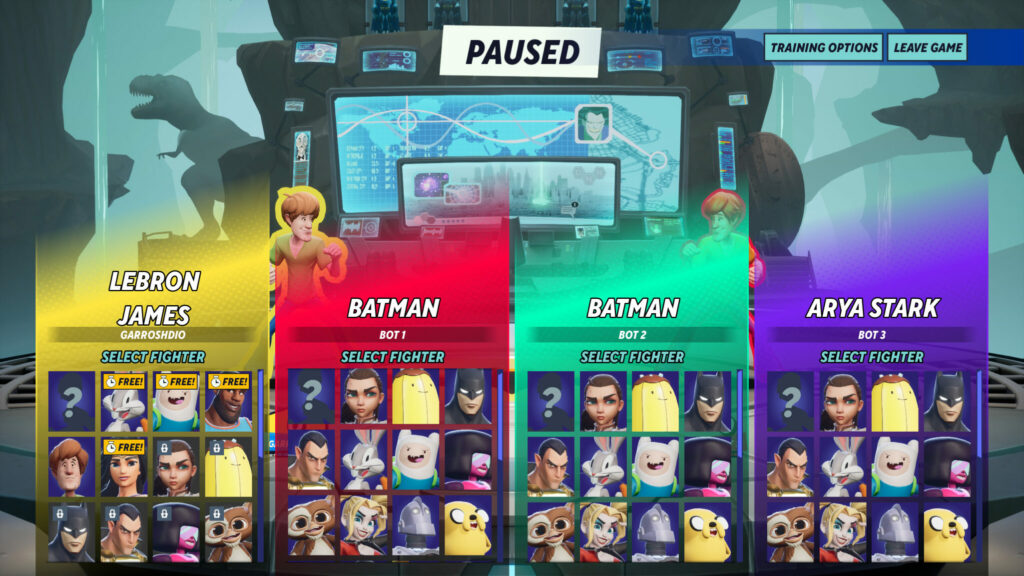 The MultiVersus training mode lets you select different fighters and test them out 