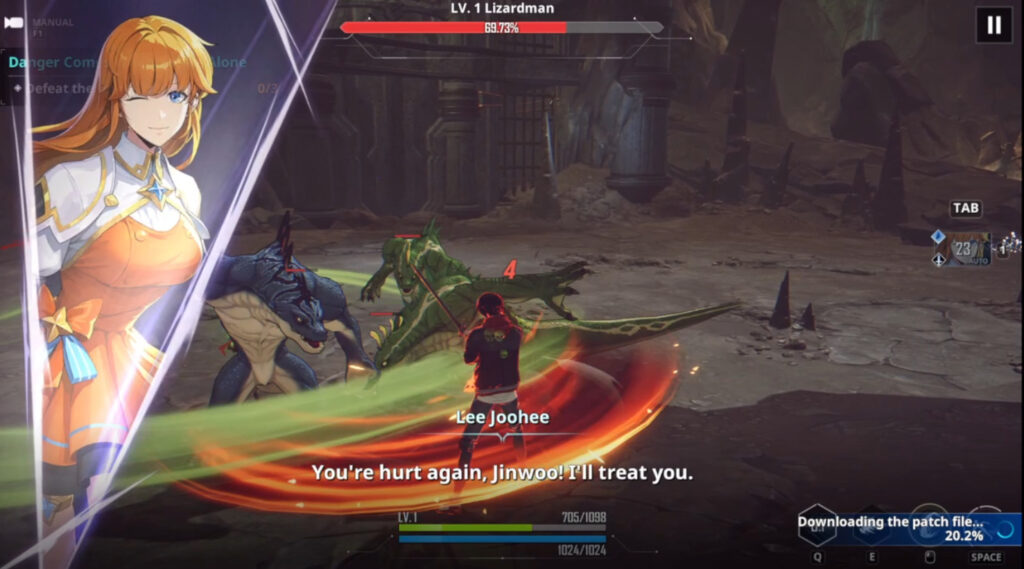Screenshot of Joohee healing Jinwoo in Solo Leveling: ARISE