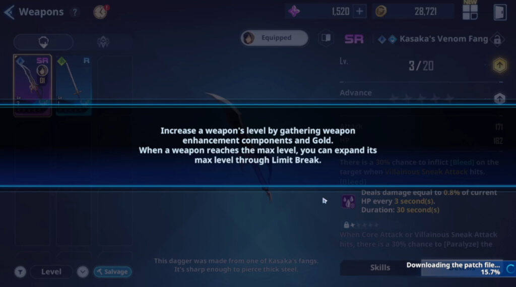 Screenshot detailing how Solo Leveling: ARISE weapons can be leveled up and more