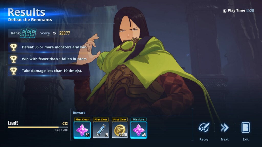 Solo Leveling: ARISE dungeon completion screenshot featuring completed battle missions