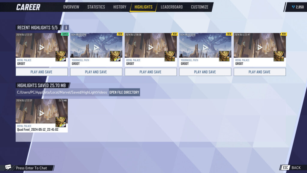 The Highlight section of Marvel Rivals where you can save and view your highlights.