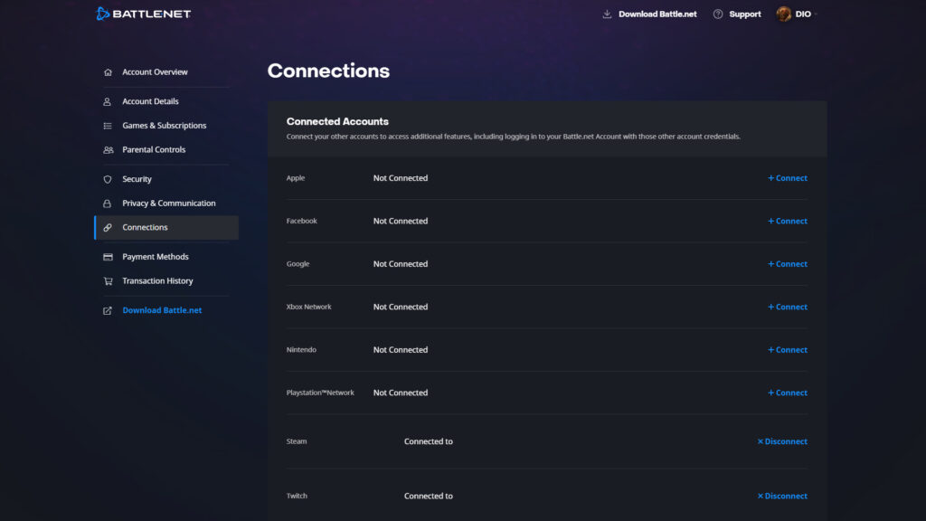 Screenshot of linking your Twitch and Battle.net accounts 