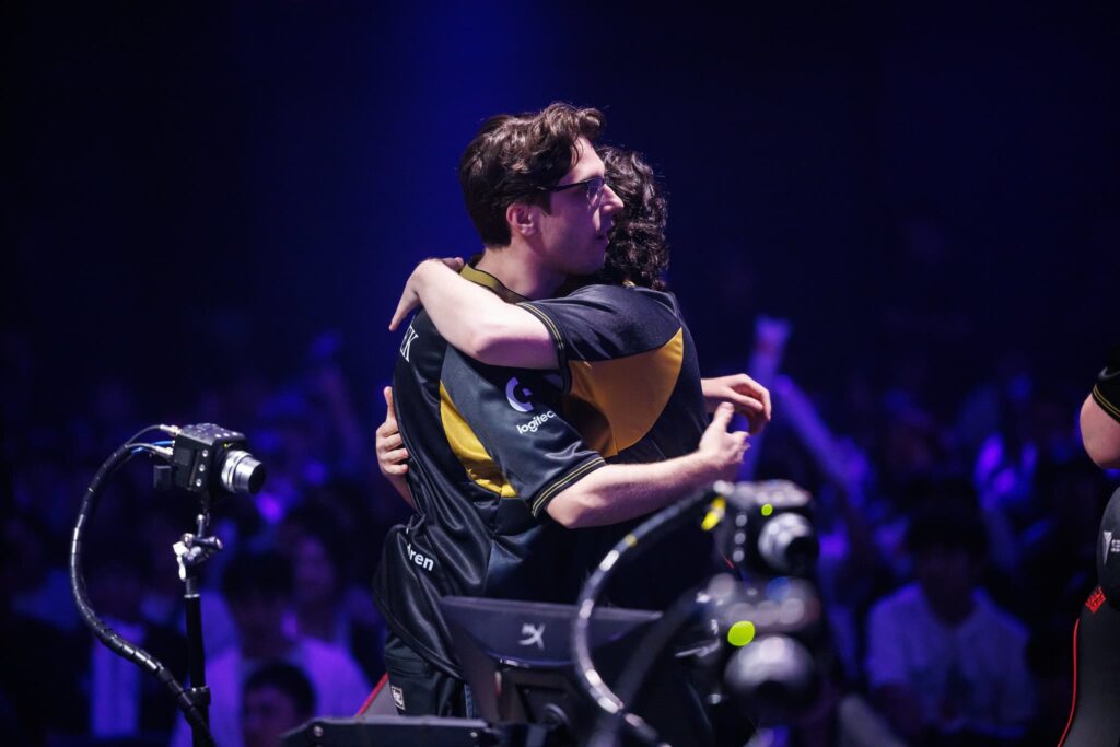 Patryk paTiTek Fabrowski (L) and Enes "RieNs" Ecirli of Team Heretics react on stage during the VALORANT Masters Shanghai Swiss Stage Day 5 at the VCT CN Studio on May 27, 2024 in Shanghai, China. 