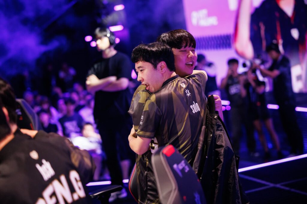 Kim t3xture Na-ra (L) and coach Kang "solo" Keun-chul of Gen.G Esports are seen on stage during the VALORANT Masters Shanghai Swiss Stage Day 3 at the VCT CN Studio on May 25, 2024 in Shanghai, China. 