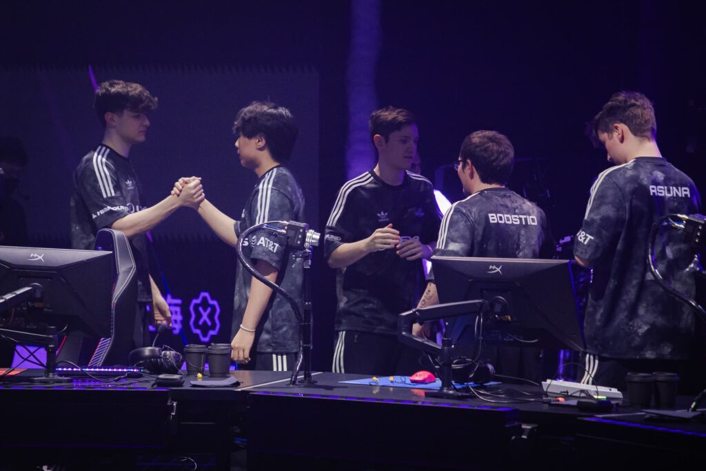 100 Thieves, bang in the center, react on stage at the VALORANT Masters Shanghai Playoffs Stage Day 5 at the VCT CN Studio on June 03, 2024 in Shanghai, China.