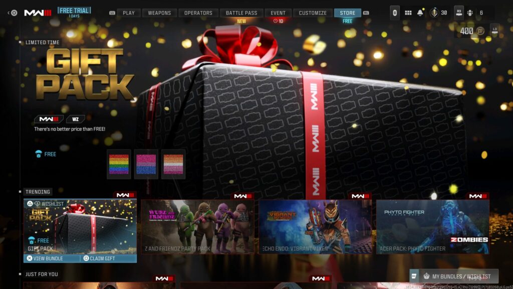 The store that shows the gift pack available to claim.