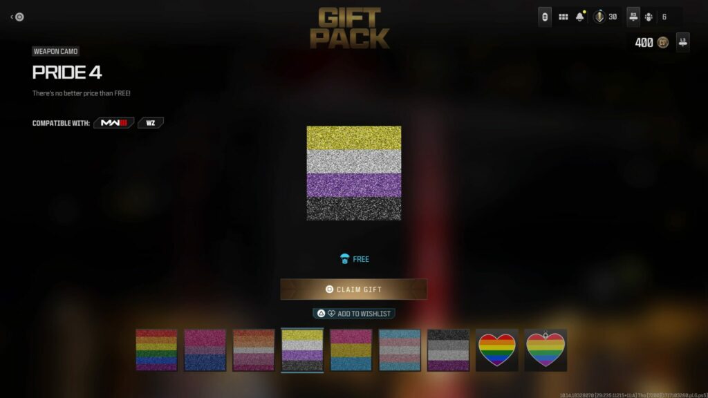 The Nonbinary Pride camo from the free Gift Pack in Call of Duty.