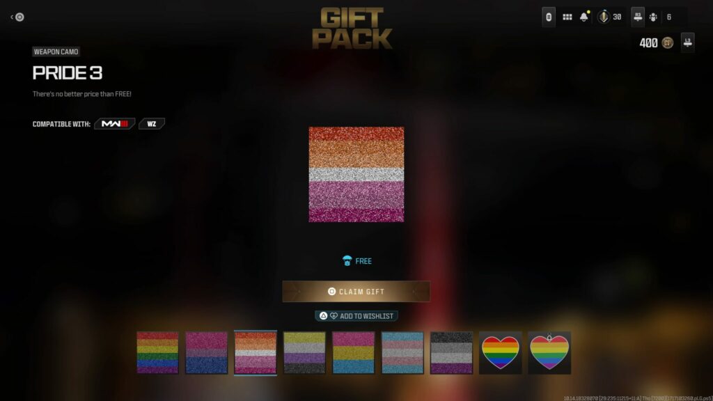 The Lesbian Pride camo from the free Gift Pack in Call of Duty.
