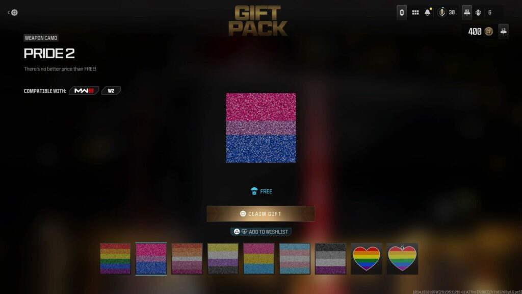 The Bisexual Pride camo from the free Gift Pack in Call of Duty.