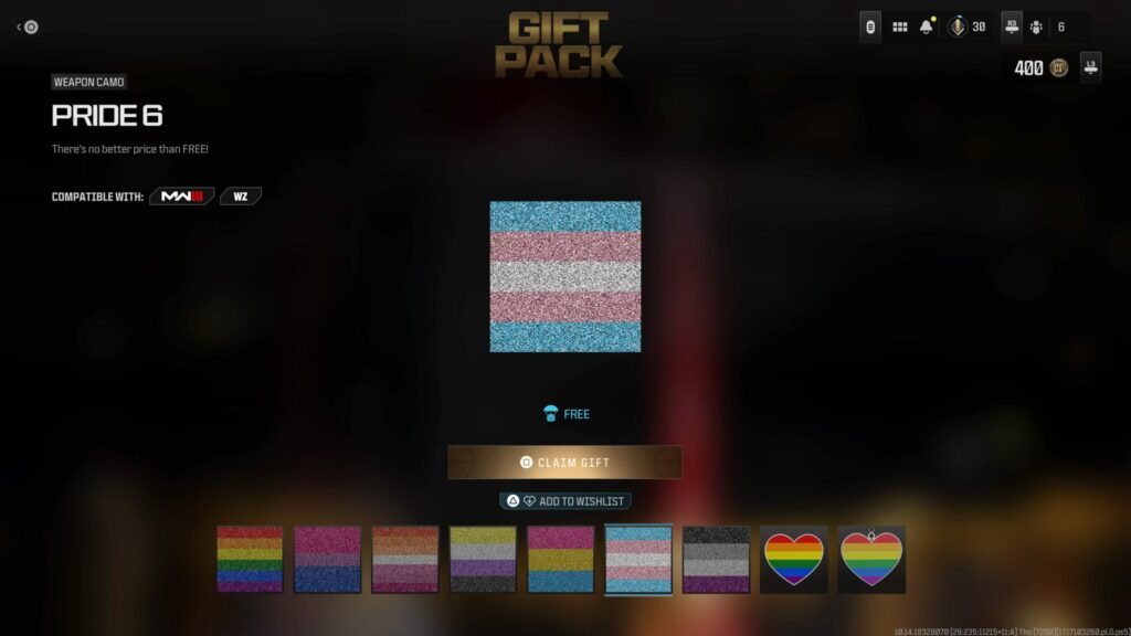 The Transgender Pride camo from the free Gift Pack in Call of Duty.