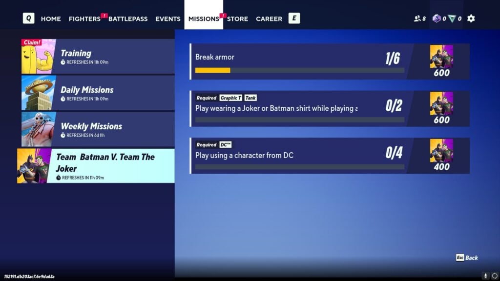 The missions page for the Team Batman vs. Team Joker event in MultiVersus.