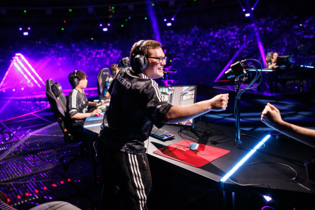 Kelden Boostio Pupello of 100 Thieves reacts on stage during the VALORANT Masters Shanghai Playoffs Stage Day 6 at the Mercedez Benz Arena on June 07, 2024 in Shanghai, China. 