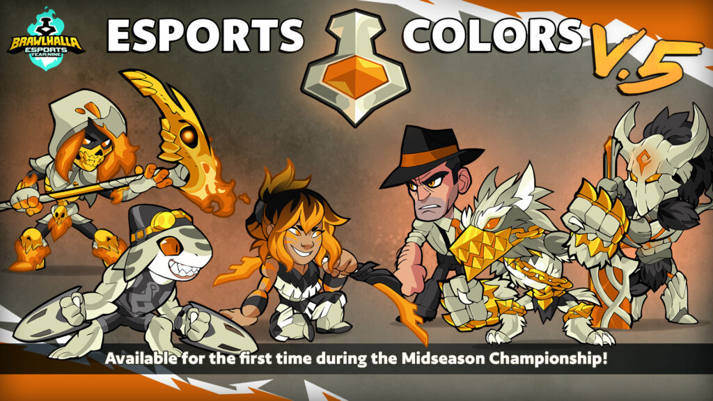 An image with a few Brawlhalla characters (Legends) wearing Esports Colors v.5. These skins can be obtained as viewership rewards from the Brawlhalla Midseason Championship at CEO 2024