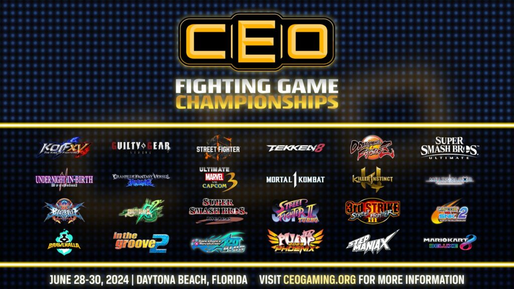 A poster for the fighting esports event Community Effort Orlando, CEO 2024, featuring the logo and the games that have tournaments here