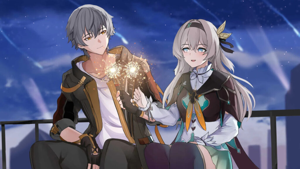 A screenshot from the game Honkai: Star Rail, featuring the character Firefly and the main protagonist, the Trailblazer