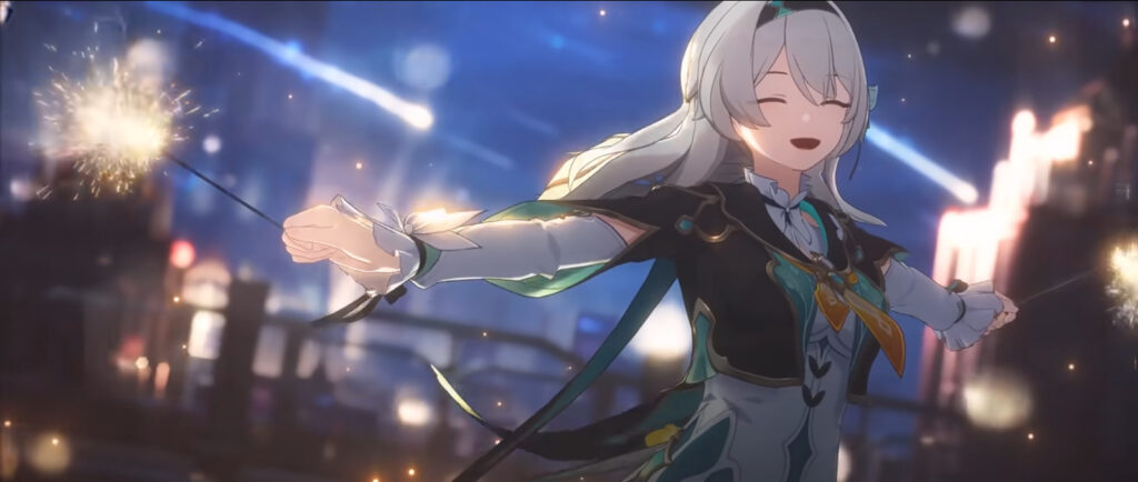 A screenshot from the Honkai: Star Rail Music video White Night that features the character Firefly — she is playable in Version 2.3