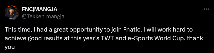 a screenshot of a tweet by the Tekken 8 esports player Mangja about getting contract with Fnatic