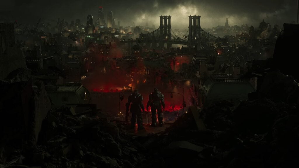 Marcus and Dom watch the city under attack in Gears of War E-Day.