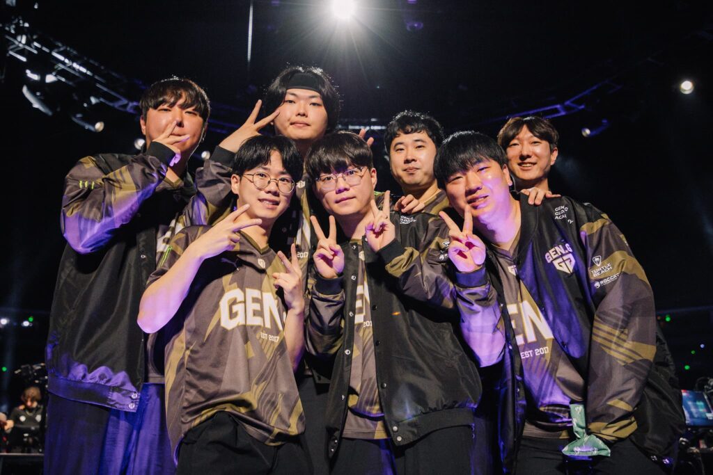 Gen.G Esports, who plays Team Heretics in the Grand Final, pose on stage after victory against G2 Esports during the VALORANT Masters Shanghai Playoffs Stage Day 6 at the Mercedez Benz Arena on June 07, 2024 in Shanghai, China. 