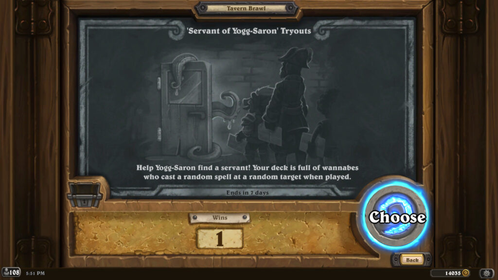 Hearthstone Servant of Yogg-Saron Tryouts Tavern Brawl chalkboard