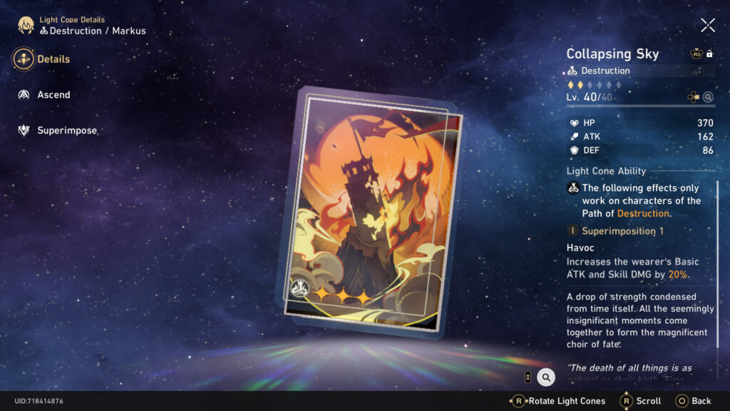 The Light Cone Collapsing Sky for the Destruction type characters in Honkai: Star Rail - a screenshot