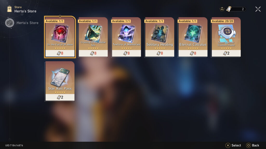 A screenshot from the game Honkai: Star Rail with Light Cones in Herta’s Store