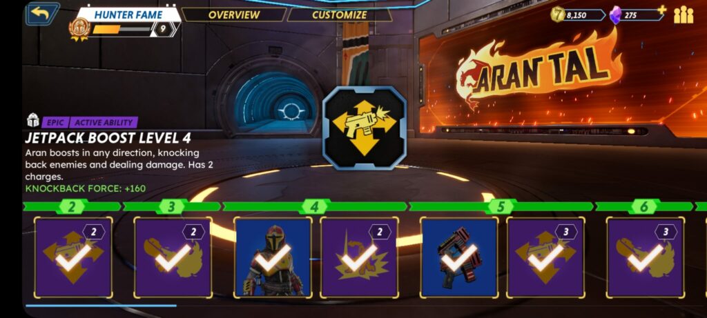 The first six levels of Aran Tal's Hunter Fame levels, showing upgrades and cosmetics unlocked.