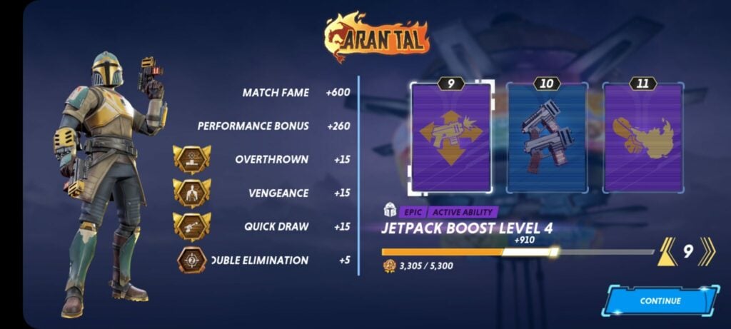 Aran Tal gains Hunter Fame points in Star Wars: Hunters after completing a match.